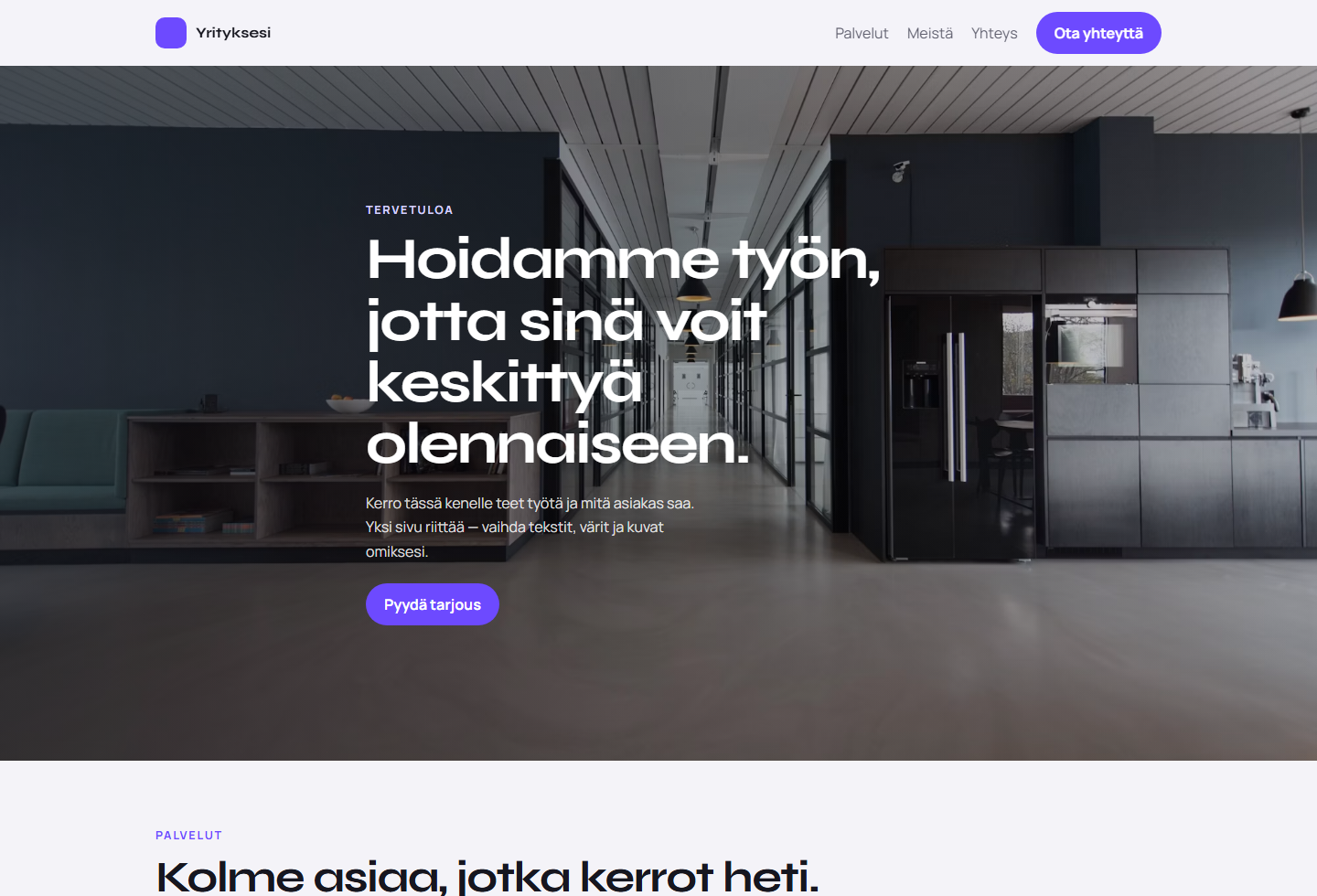 Perus-pohjan esikatselu: vaalea yhden sivun yrityssivusto