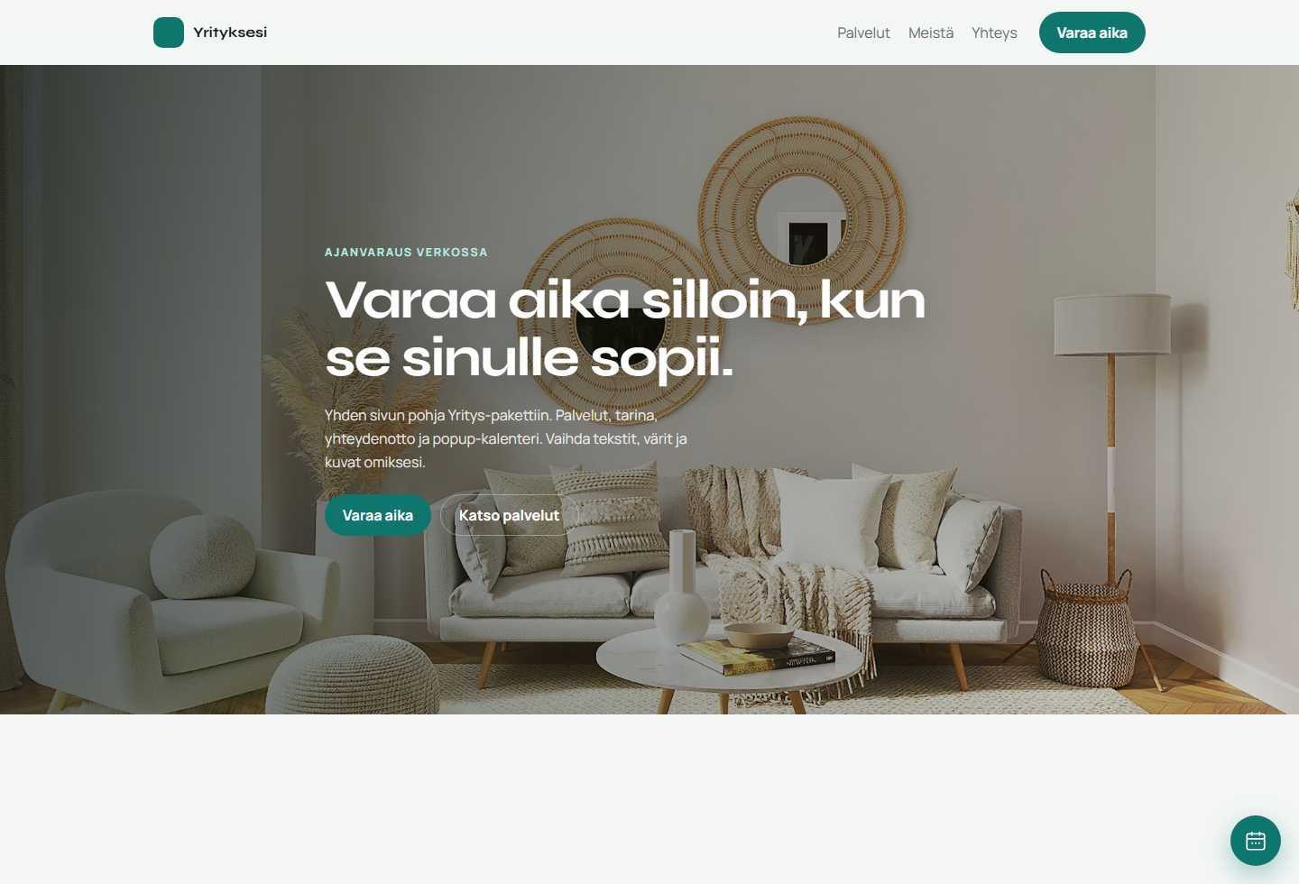 Yritys-pohjan esikatselu: yhden sivun sivusto popup-varauskalenterilla